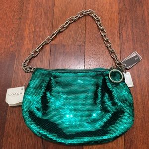Small Teal Sequenced Coach Purse with Chain Strap